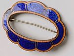Large Blue Orange Guilloche Enamel Brooch. Austro Hungarian? Brass Metal Base.