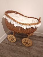 MJ MARK, HIGH BACK WICKER CRIB,  ANTIQUE COLOUR.