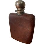 Antique Metal Leather Covered Hip Flask Collectable with Brass Cap 