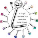 L Shape Nose Stud | 2mm press fit Cubic Zirconia Gem | 316L Surgical Steel Pin