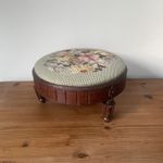Antique Needlepoint 26cm Round Footstool Floral Pattern Wooden Legs Foot Rest