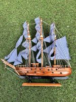 Wooden Sailing Ship Model Nautical Ornament 40cm Blue Sails Display Piece