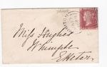 1868 QV 1d PENNY RED STAMP PL103 ON TINY COVER HONITON SIDEWAYS DUPLEX WHIMPLE