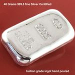 40 Grams 999.5 Fine Grade Silver Bullion Certified Quality Hand Poured Ingot Bar