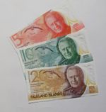 (item 2896)  FALKLAND ISLANDS FULL SET 5-10-20 POUNDS KING CHARLES A PREFIX UNC.