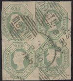 SG 54 1/- green, die 2. A very rare block of 4 cancelled by the English type...