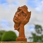 Rustic Cast Iron Abstract "Listener"  Head Bust Garden Sculpture