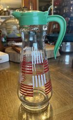 Mid-Century Atomic Red & White Printed Glass Jug Green Lid & Handle. Film prop. 
