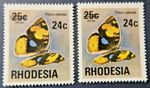 RHODESIA 1976 SG528 24c. 24c. ON 25c.  BUTTERFLY - (DIFFERENT BAR LENGTHS) - MNH