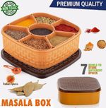 Premium Plastic Masala Dabba / Tin. Square. 18.5cm - 7 Compartments with 1 Spoon