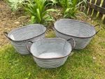3 Ribbed Vintage Oval Style Grey Zinc Galvanised Metal Garden Flower Planter Pot