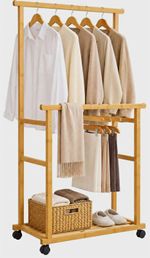 Bamboo Clothes Rail Garment Rack Dual Bars Wheels Bottom Shelf
