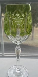 Trump By Varga Art Crystal Green Wine Goblet, Birds, Flowers, Urns 8.5” Signed