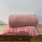 Vintage Derw Pink Waffle Weave Wool Throw Blanket with Fringe