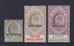 Gibraltar EDVII 1906 Specimen Stamps 2d, 4s, 8s. Cat est approx £420.