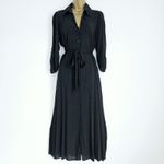 NEW Ex ROMAN 10-22 Spot Textured Button Front Belted Black Midi Shirt Dress