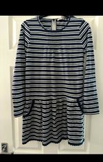 Fat Face Girls age 12 Navy/White Striped Fit & Flare Dress Pockets Cotton