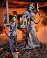 5.7 FT ANIMATED DOOMSDAY DUO w GAS MASKS HALLOWEEN ANIMATRONIC PROP