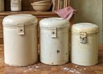 3 x Vintage 1950s Cream Distressed Cream Tin Canisters Storage Country Kitchen