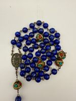 Vintage Lapis Lazuli Rosary Beads Cloisonné Accents Brass Crucifix 22”