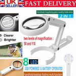 5/11x Magnifying Glass With Light 8 LED Magnifier Foldable Stand Desk Reading