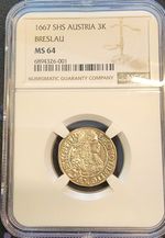 AJ836, Austria, Silesia, Leopold I, 3 Kreuzer 1667, Breslau Mint, NGC MS64