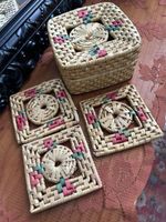 3 Vintage Woven Straw Coasters And Lidded Box - Cottagecore Farmhouse Rustic