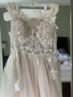 GALINA SIGNATURE  Illusion Plunge Lace Appliqued Wedding Dress. MSRP $2,000