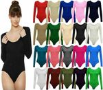 WOMEN LONG SLEEVE LEOTARD BODYSUIT TOP LADIES STRETCH BODY TOP TEE SHIRT UK8-26