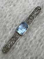 Antique Silver Bar Brooch with Marcasites & light ‘aquamarine’ blue  stone