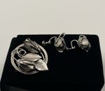 Vintage Sterling Silver Harry S. Bick Rose Brooch & Screw  Back Earrings Set
