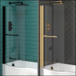 P Shaped Shower Bath Screen Black & Brushed Brass with Towel Rail - 6mm Glass