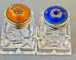 Vintage Norwegian sterling silver & guilloche enamel lid crystal salt & pepper