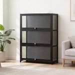 3-Tier Black bamboo & Acrylic Figurines Model Storage Display Cabinet with Door