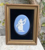 Wedgewood Blue Jasperware Framed Plaque Classical Scene Woman & Garland Flowers