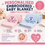 personalised Embroidered Baby Blanket with name and date  Pink or Blue