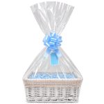 Baby Hamper Gift Kit - White Basket, Blue Shred, Bow, Bag, Tag - 30x22x14cm