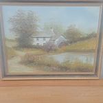 Signed Framed Impressionist Landscape Painting Cottage by River Nature Scene
