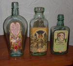 3 ANTIQUE AQUA BOTTLES  NICE PICTORIAL  REAPPLIED ART NOUVEAU DISPLAY LABELS