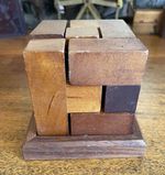 Wooden Interlocking Cube Puzzle On Stand Vintage Brain Teaser 9cm