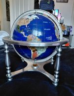 20" World Globe Blue Lapis & Semi Precious Gem Stones With Metal Stand