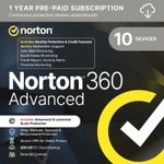 Norton 360 Advanced 10 Devices 1 Year + Identity Adviser - 5 Minute Delivery
