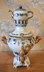 Vintage Soviet Gzhel Porcelain Samovar with with topped teapot. USSR