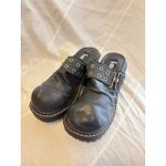 Vintage lei Black Platform Clogs Grommet Buckle Chunky Heel Lug Sole Mules