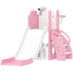 AIYAPLAY 5 in 1 Toddler Slide Set with Basketball Hoop for Age 1-3, Pink