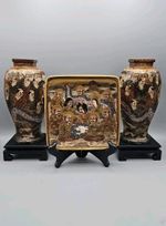 Antique Satsuma Meiji Era Japan Immortals Bowl and Pair of Vases