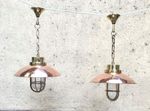 Stylish Fixture Brass Ceiling Cargo Pendant Lights with Copper Shades Set of Two