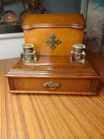 Antique Oak Stationary/Inkstand. Good Condition.Bottles No Damage.
