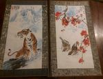 2 Vintage Chinese Watercolour Paintings Tiger And Birds 