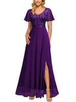 Evening Maxi Dress Double V-Neck Sequin Lace Chiffon – Navy Blue XL 18 Miusol